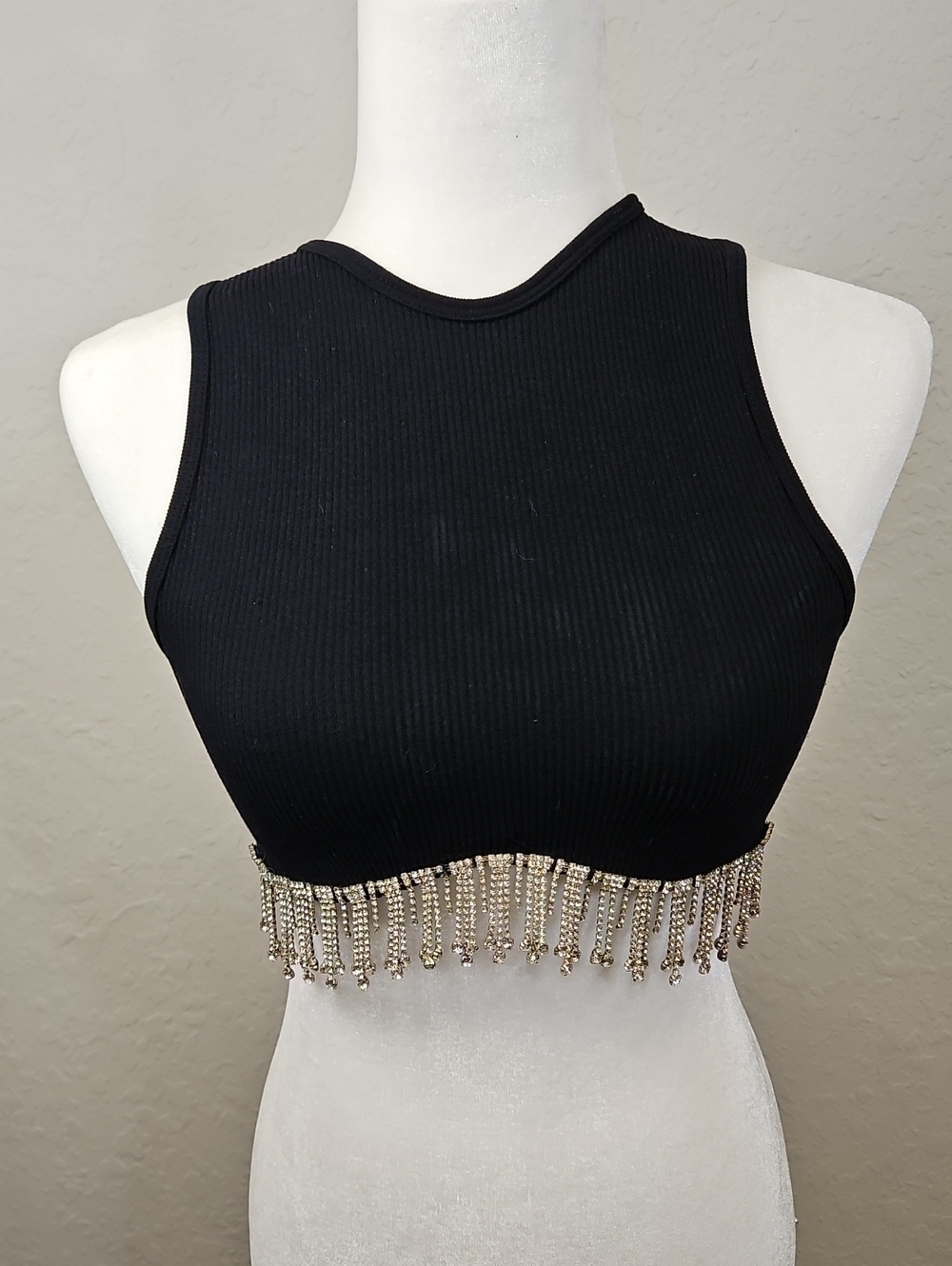 Sincerely Jules Black Crystal Fringe Ribbed Crop Tank - NWT, Size Small